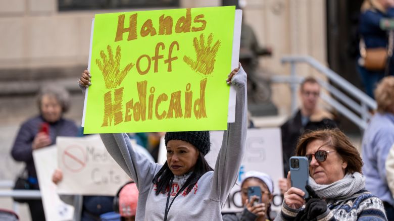 People gather at the Statehouse Annex for a rally to protect Medicaid, Trenton, New Jersey,  Thursday, Mar. 6, 2025.