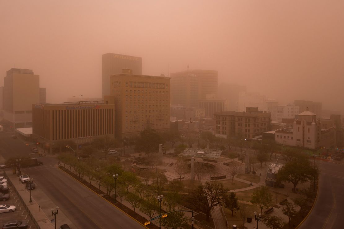 Cross-country storm unleashes a blizzard and fuels wildfires in the Plains while threatening severe thunderstorms in Midwest 2 A dust storm causes high winds and low visibility over downtown El Paso, Texas, on March 18, 2025.