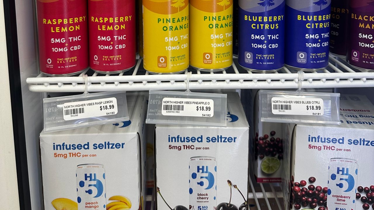 Shelves of hemp-derived THC beverages at Mendon Wines & More.