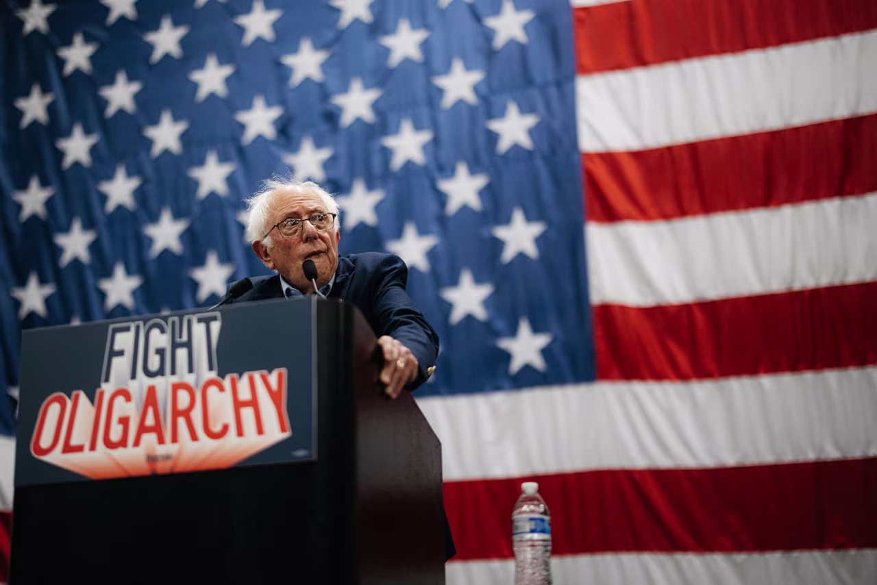 Sen. Bernie Sanders criticizes former President Donald Trump’s policies and corporate influence during a speech, as part of his “Fighting Oligarchy” tour in Tulsa on June 21, 2025