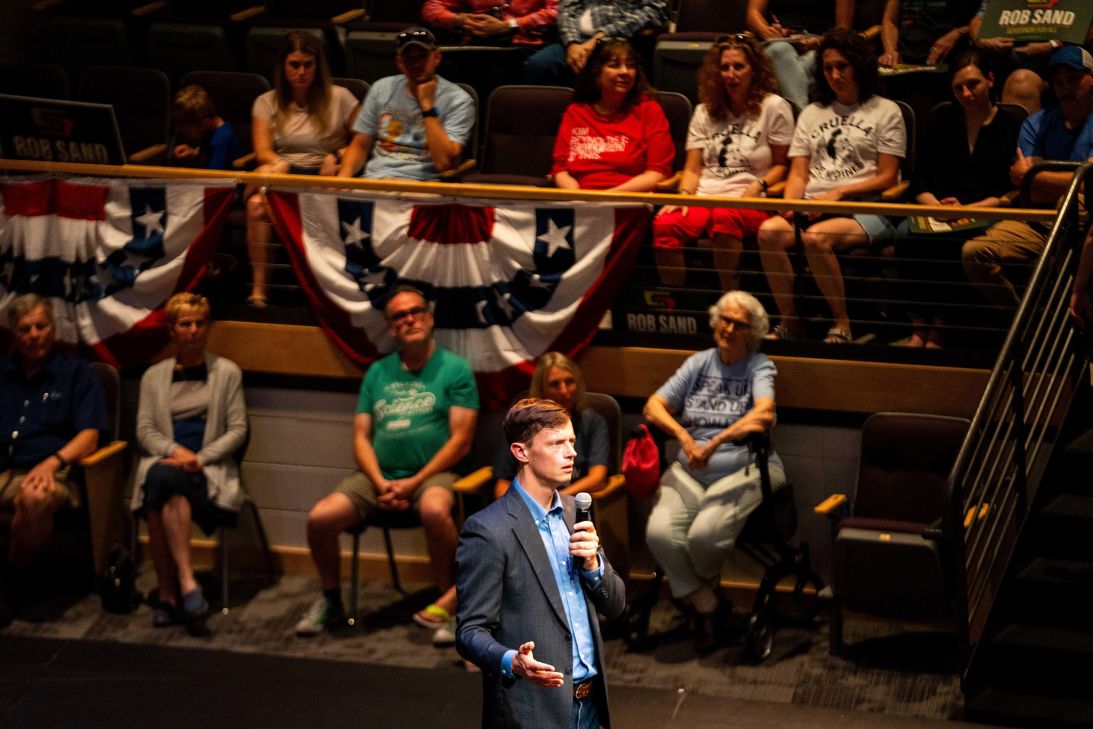 Iowa Democratic gubernatorial candidate Rob Sand fields questions from the crowd during a town hall event in Waukee, Iowa, on June 25.