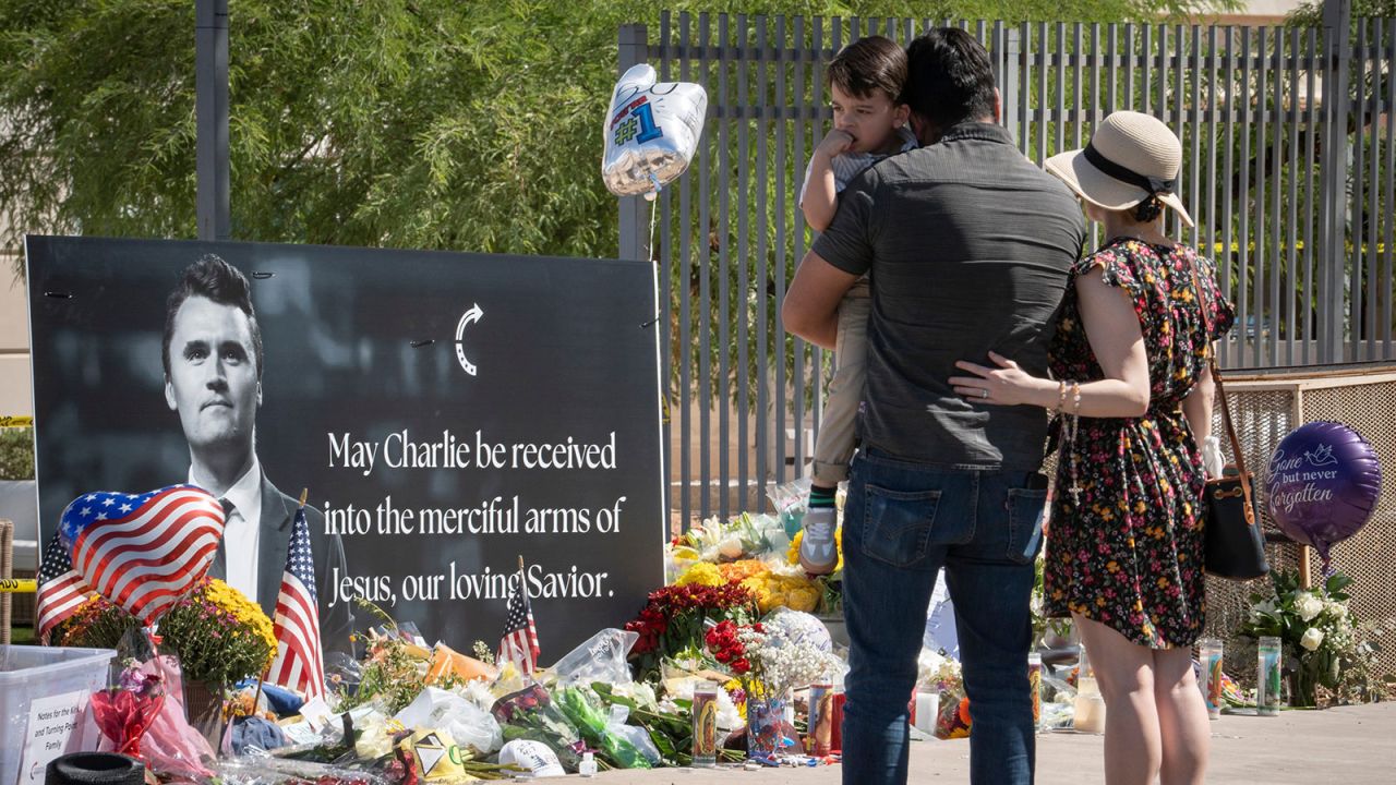 A memorial for Charlie Kirk at the Turning Point Turning Point USA headquarters in Phoenix on Thursday.