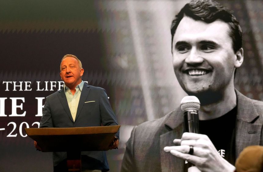 Rob McCoy leads a service honoring Charlie Kirk on September 14, 2025.