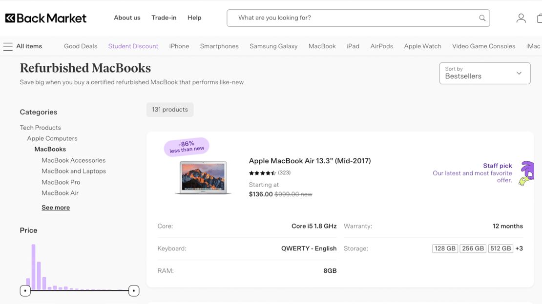 screenshot of used macbooks on Back Market