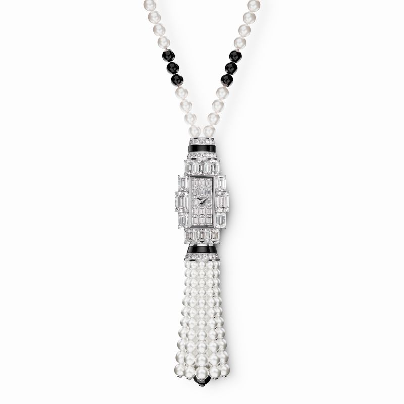 Vacheron Constantin Grand Lady Kalla High Jewelry watch in 18K white gold, emerald-cut diamonds, Akoya pearl beads, onyx beads, POA, vacheron-constantin.com. Available now.