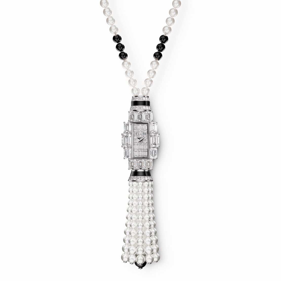Vacheron Constantin Grand Lady Kalla High Jewelry watch in 18K white gold, emerald-cut diamonds, Akoya pearl beads, onyx beads, POA, <a href="index.php?page=&url=http%3A%2F%2Fwww.vacheron-constantin.com%2F" target="_blank">vacheron-constantin.com</a>. Available now.