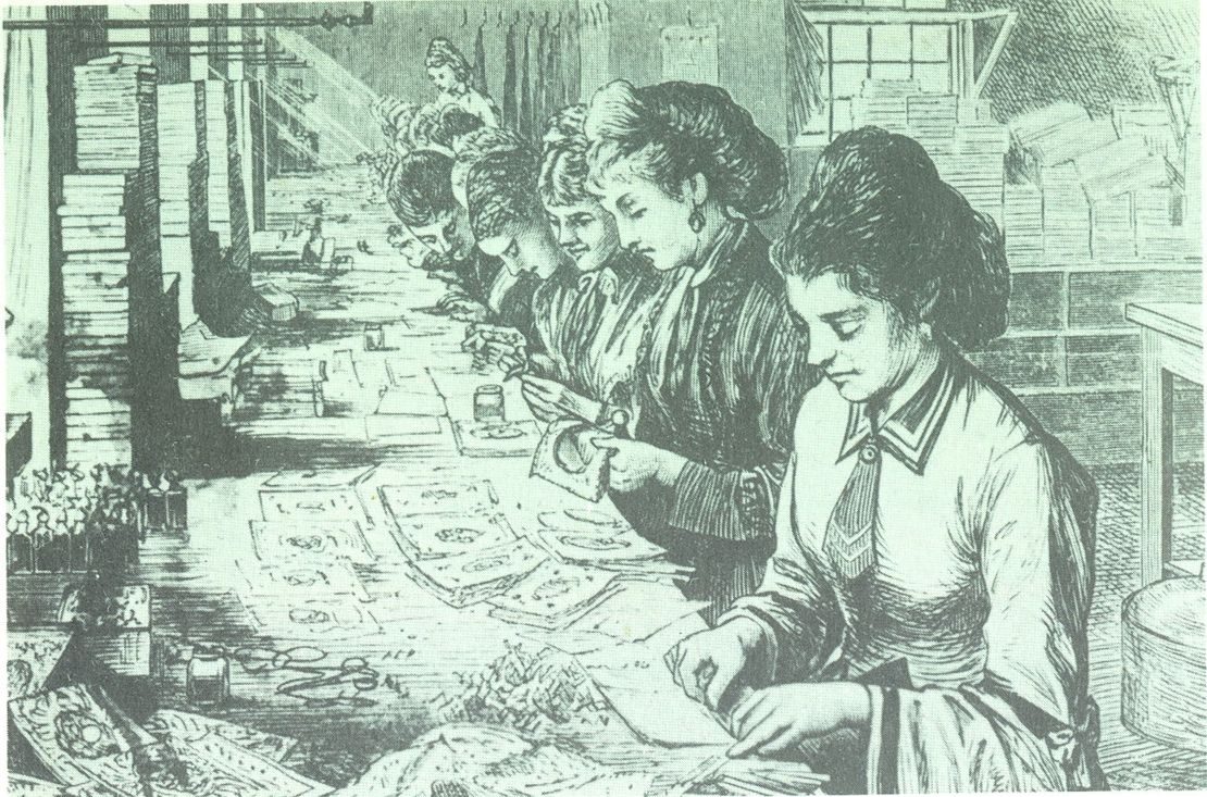 Howland enlisted the help of other women to make her cards, using an assembly-line approach.