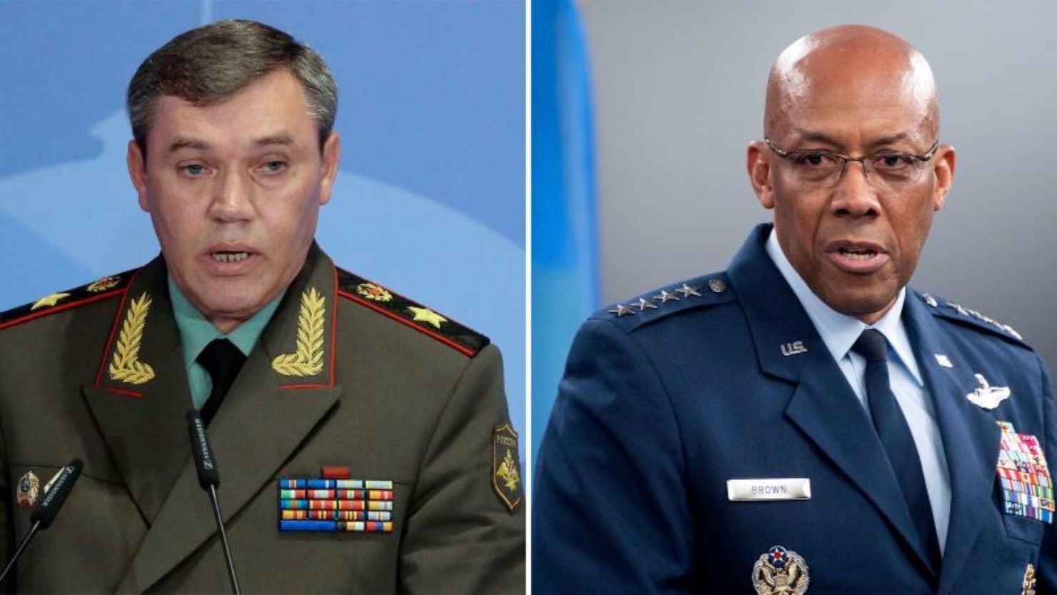 El general Valery Gerasimov, a la izquierda, y el general Charles Q. Brown, Jr.