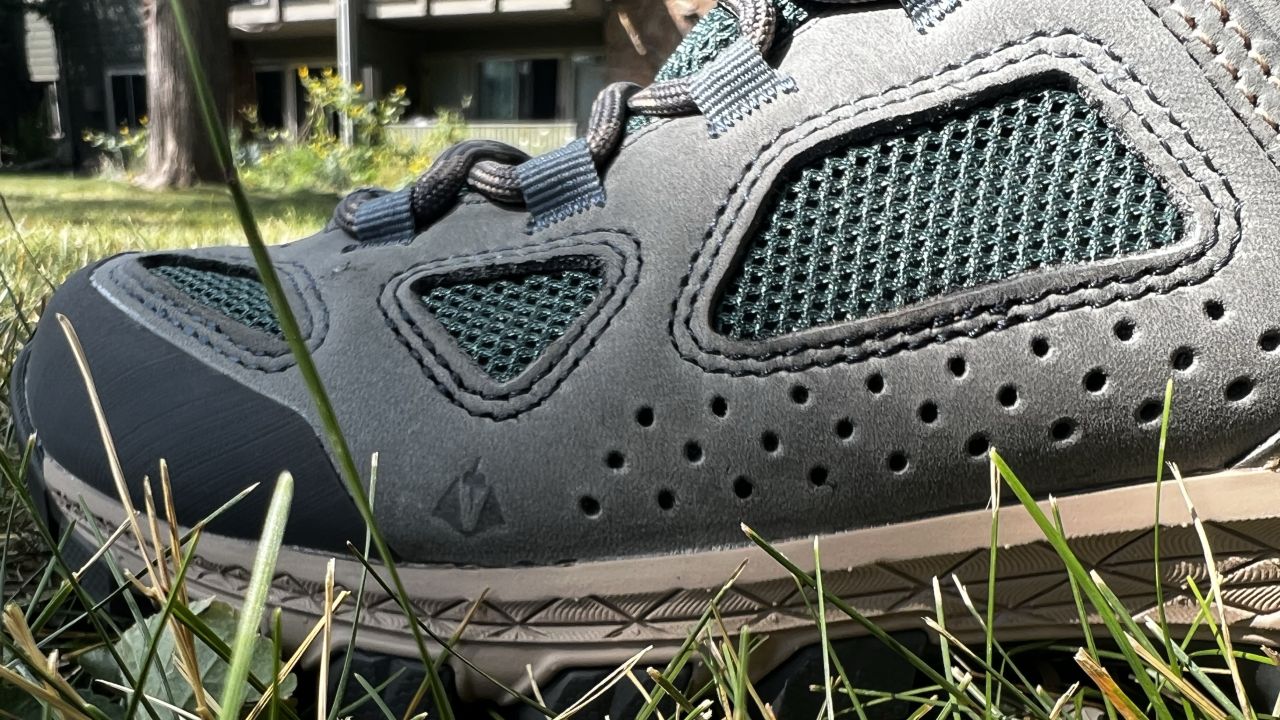 A close up view of the side of a grey and green hiking boot in long grass.