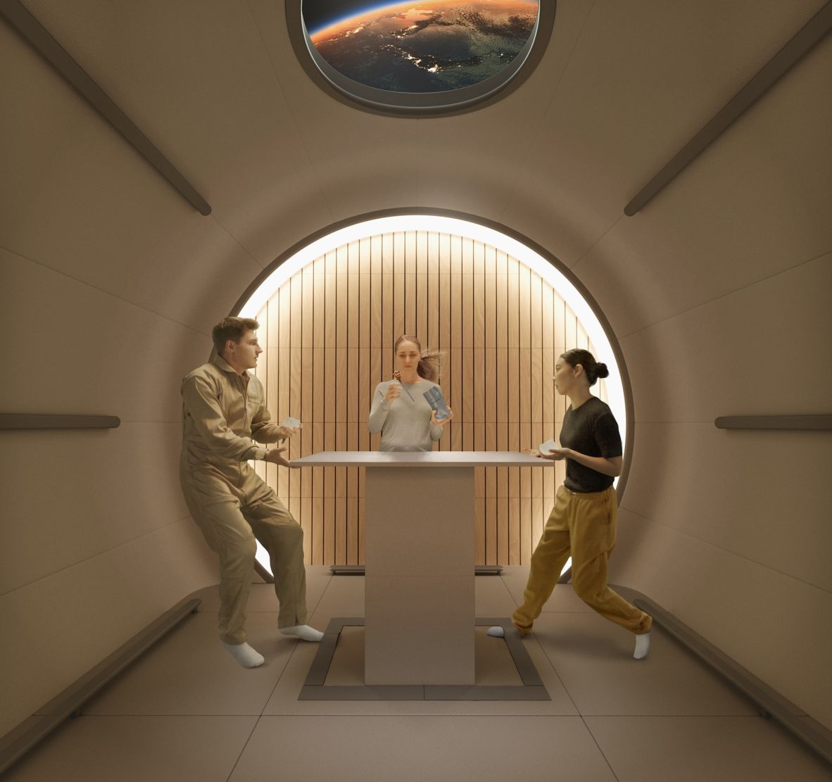 An artist's impression of a retractable communal table that would allow the four occupants to share a meal. The station offers about 1/8 the internal usable space of the International Space Station (ISS).