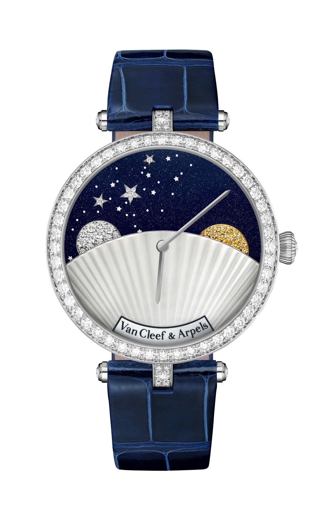 Van Cleef & Arpels Lady Jour Nuit 33mm in white gold, diamonds, aventurine glass, mother-of-pearl, POA, vancleefarpels.com. Available now.