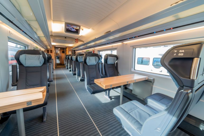 The interior of a Siemens Velaro train.