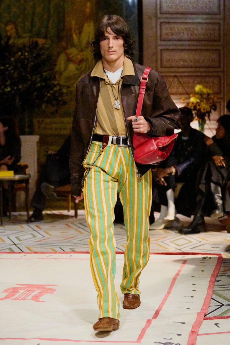 Versace's spring-summer 2026 collection, the first by its new designer Dario Vitale, featured stripes and bright colors.