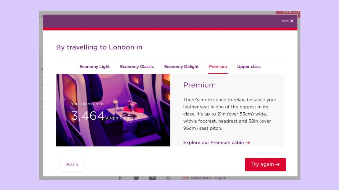 A screenshot of the Virgin Atlantic earning calculator for a flight from New York to London in Premium class