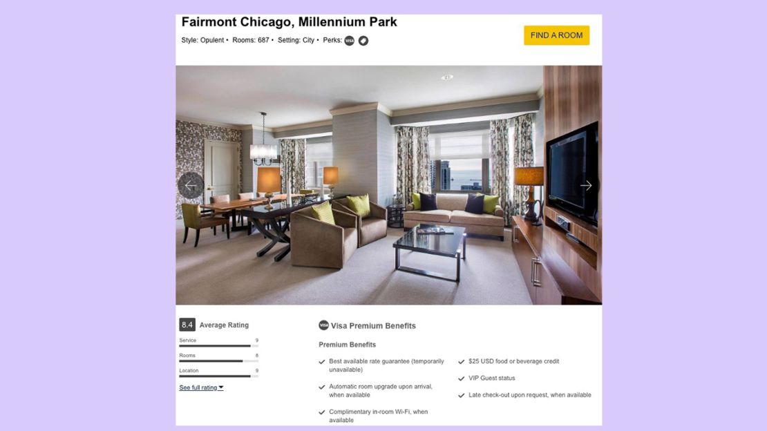 A screenshot of the benefits included when booking a hotel in Chicago through the Visa Signature Luxury Hotel Collection