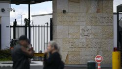 View at the entrance of the United States Embassy taken in Bogota on January 26, 2025. Colombia's President Gustavo Petro announced on January 26, 2025 that he will impose 50 percent tariffs on exports from the United States, in response to US President Donald Trump who vowed to hit Colombia with steep tariffs and other sanctions after his Colombian counterpart blocked deportation flights from the United States. (Photo by Pablo VERA / AFP) (Photo by PABLO VERA/AFP via Getty Images)