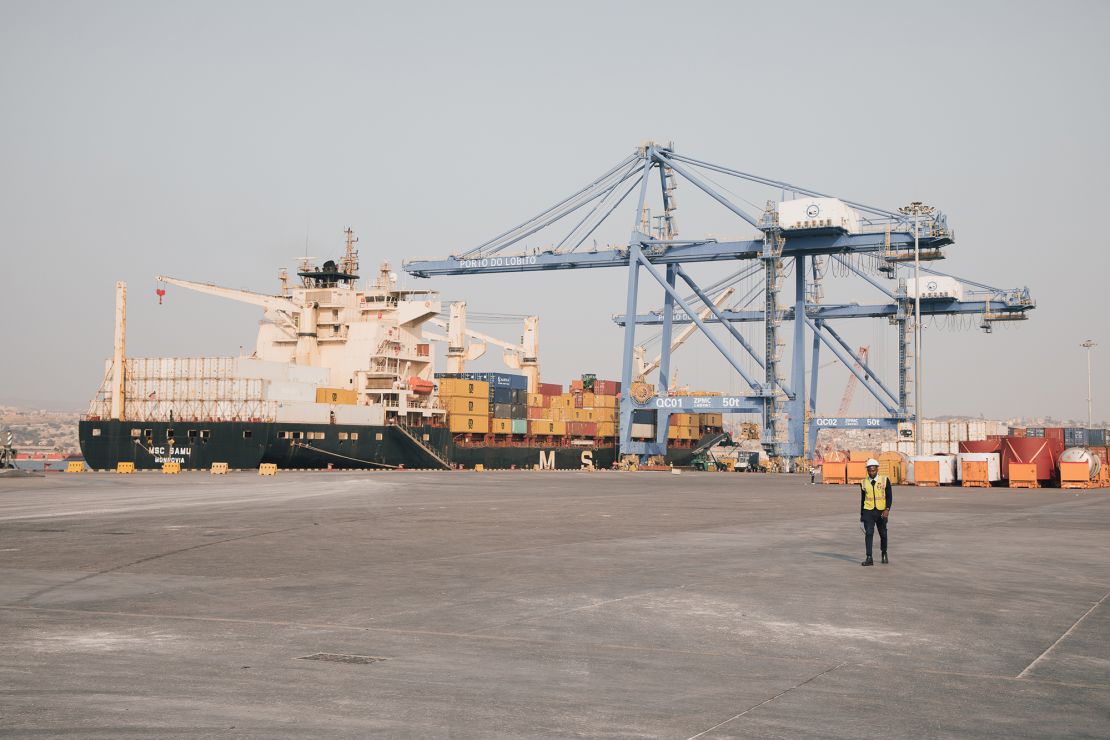 The MSC SAMU container vessel at the Port of Lobito. The ship took Lobito Atlantic Railways first shipment of copper to the US.