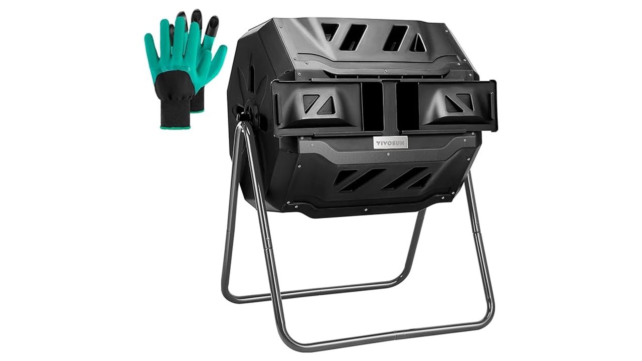 Vivosun tumbling composter in black and gardening gloves against a white background