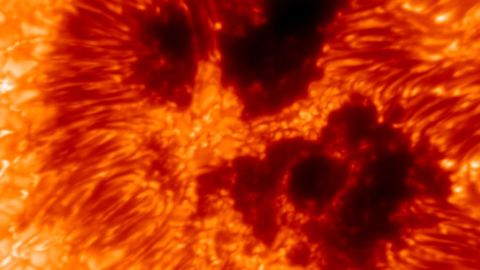 Un primer plano de la superficie solar, tomado por el Telescopio Solar Daniel K. Inouye de la Fundación Nacional de Ciencias, muestra actividad magnética alrededor de un cúmulo de manchas solares.