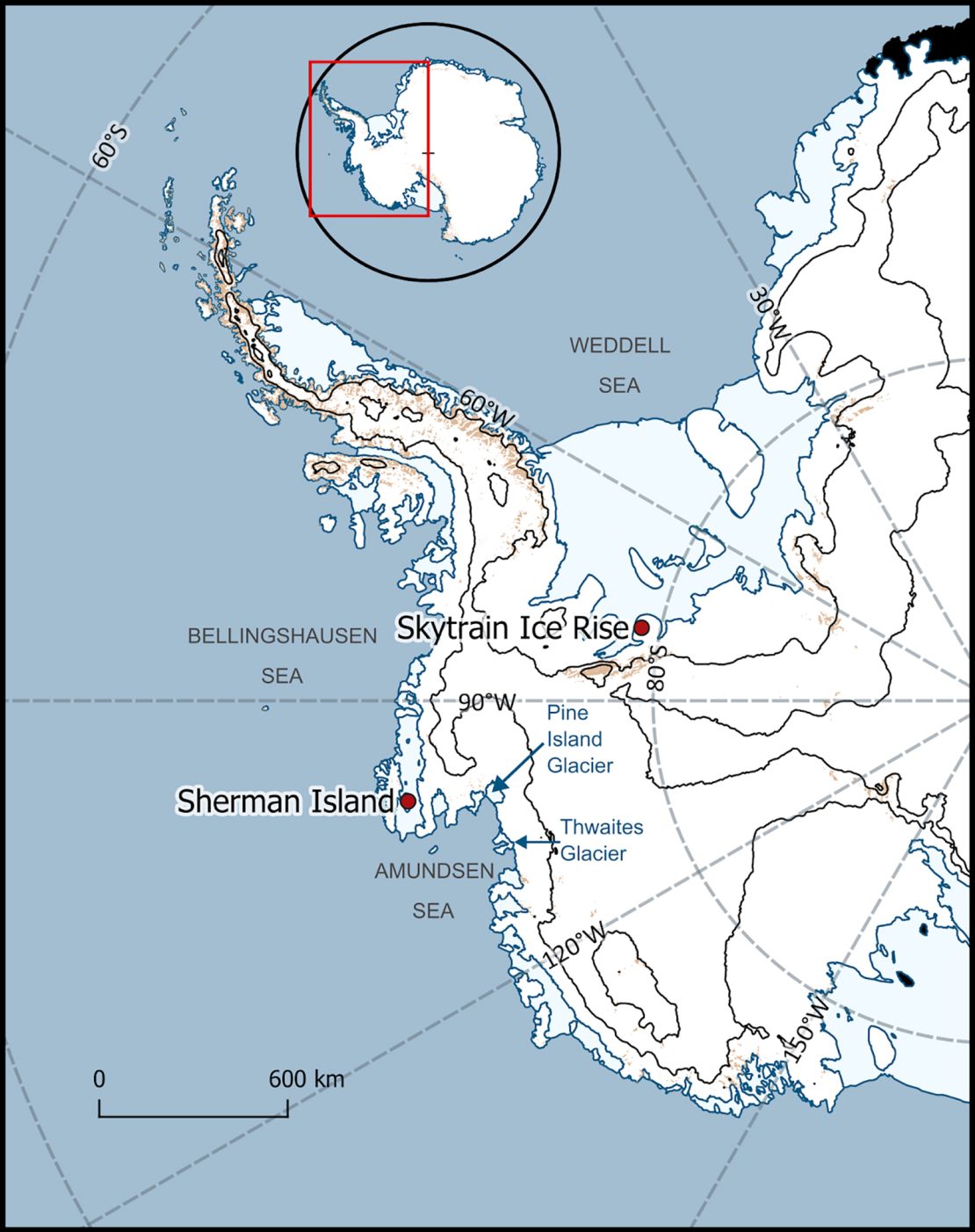 Map showing the location of the Skytrain Ice Rise, part of the Ronne Ice Shelf, from where the ice core was taken.