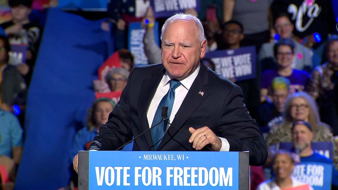 Gov. Tim Walz speaks during a campaign rally on Monday, November 4, in Milwaukee, Wisconsin.