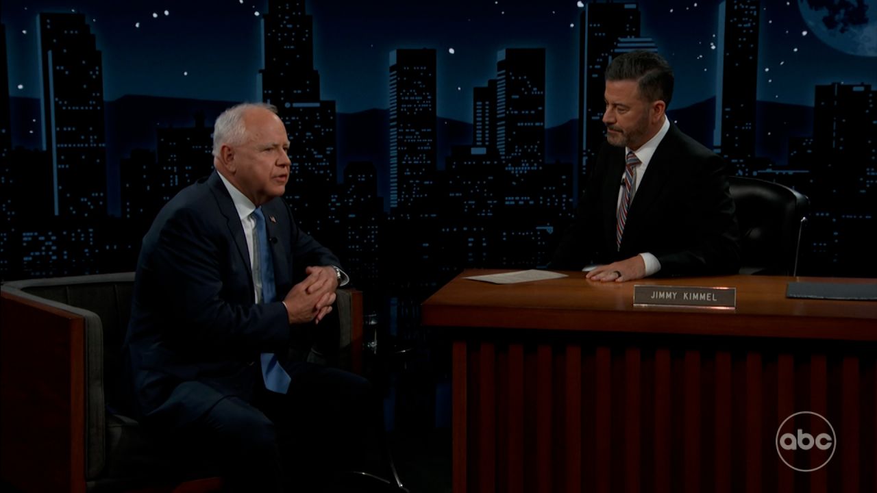 Minnesota Gov. Tim Walz talks to Jimmy Kimmel on Monday.