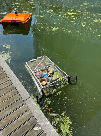 RanMarine Technology’s WasteShark, a small autonomous surface vessel, is pictured with contents collected from a city canal in Rotterdam in the Netherlands. The company says its design, which collects floating waste in a basket, <a  target="_blank">mimics</a> a whale shark’s filtration process. WasteShark is being used in about 30 territories around the world.