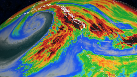 This water vapor satellite image shows an atmospheric river pushing into southwestern Canada on Monday morning. Darker reds denote the greatest level of moisture in the air. This atmospheric river will shift into the Pacific Northwest by Monday night.