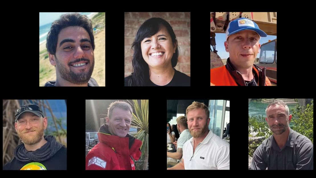 Seven aid workers were killed in the attack; (from top left) Saifeddin Issam Ayad Abutaha, Laizawmi "Zomi" Frankcom, Damian Soból, Jacob Flinkinger, John Chapman, James "Jim" Henderson and James Kirby.