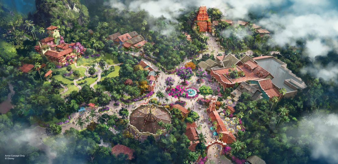 Artist concept for Pueblo Esperanza at Disney’s Animal Kingdom Theme Park. The new space will new attractions centered around Disney’s Encanto and the Indiana Jones franchise.