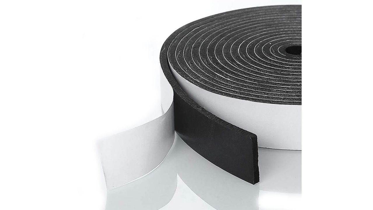 Roll of weather stripping tape, set against white background.