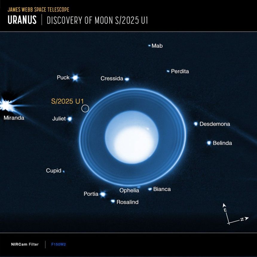 Webb’s Near-Infrared Camera captured an image of the new moon as well as 13 of the other 28 known moons.