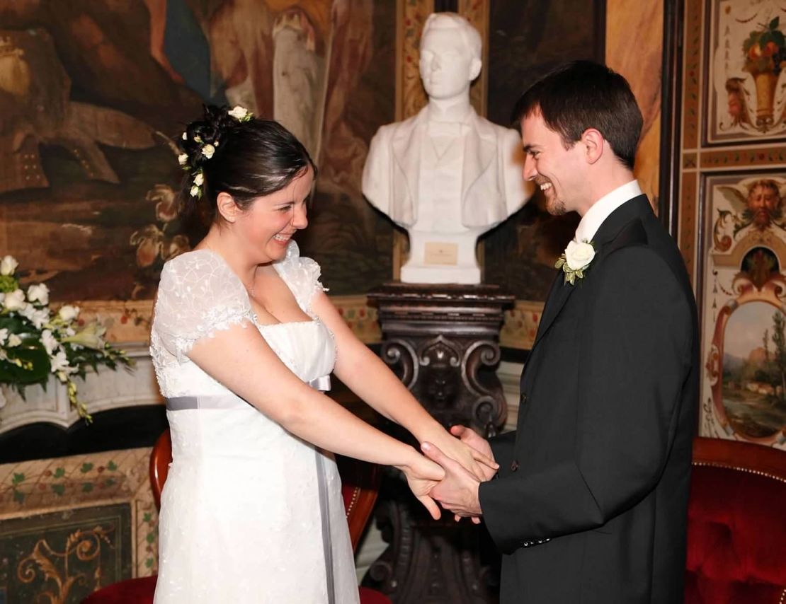 Here's Gabriella and Dan celebrating their wedding in Italy in 2009. Gabriella says this is the moment Dan recited his vows to her in Italian.
