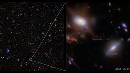 The incredibly distant galaxy GS-z13-1, observed just 330 million years after the Big Bang, was initially discovered with deep imaging from the NASA/ESA/CSA James Webb Space Telescope. Now, an international team of astronomers has definitively identified powerful hydrogen emission from this galaxy at an unexpectedly early period in the Universe’s history, a probable sign that we are seeing some of the first hot stars from the dawn of the Universe. This image shows the location of the galaxy GS-z13-1 in the GOODS-S field, as well as the galaxy itself, imaged with Webb’s Near-Infrared Camera (NIRCam) as part of the JWST Advanced Deep Extragalactic Survey (JADES) programme. These data from NIRCam allowed researchers to identify GS-z13-1 as an incredibly distant galaxy, and to put an estimate on its redshift value. Webb’s unique infrared sensitivity is necessary to observe galaxies at this extreme distance, whose light has been redshifted into infrared wavelengths during its long journey across the cosmos. To confirm the galaxy’s redshift, the team turned to Webb’s Near-Infrared Spectrograph (NIRSpec) instrument. With new observations permitting advanced spectroscopy of the galaxy’s emitted light, the team not only confirmed GS-z13-1’s redshift of 13.0, they also revealed the strong presence of a type of ultraviolet radiation called Lyman-α emission. This is a telltale sign of the presence of newly forming stars, or a possible active galactic nucleus in the galaxy, but at a much earlier time than astronomers had thought possible. The result holds great implications for our understanding of the Universe. [Image description: An area of deep space is covered by a scattering of galaxies in many shapes and in colours ranging from blue to whitish to orange, as well as a few nearby stars. A very small square is shown zoomed in, in a box to the left. In the centre a red dot, a faraway galaxy, is marked out by lines and labelled “Redshift (z)=13”, signifying i