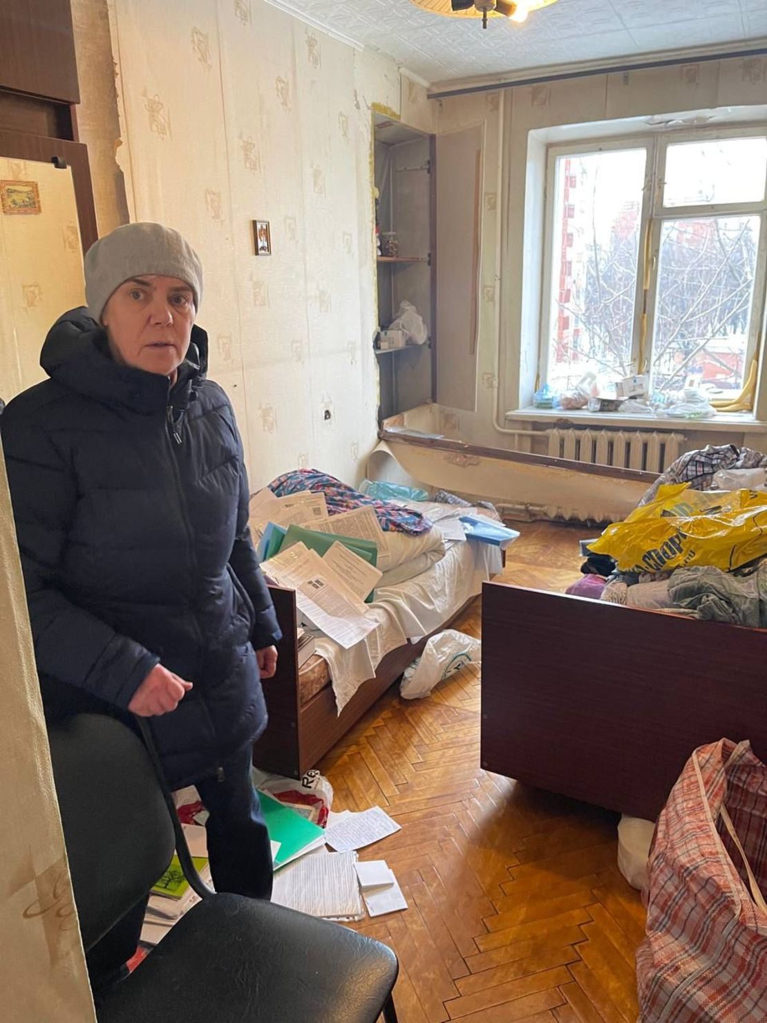 Nadezhda Buyanova in her Moscow apartment after police searched her home.