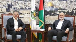 Hamas political leader Ismail Haniyeh met in Qatar with Chinese diplomat Wang Kejian on March 17.