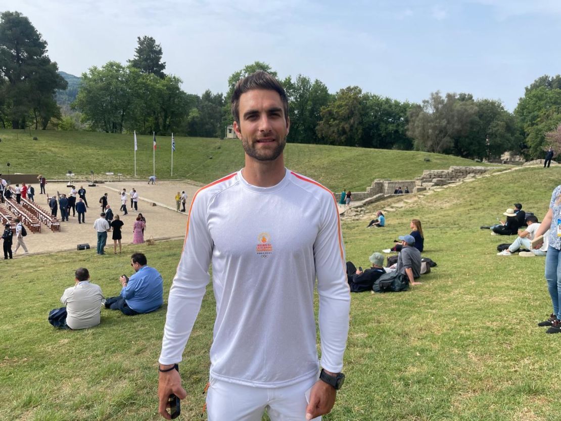 Greek Olympic gold medalist Stefanos Ntouskos is the first torchbearer for this year's relay.