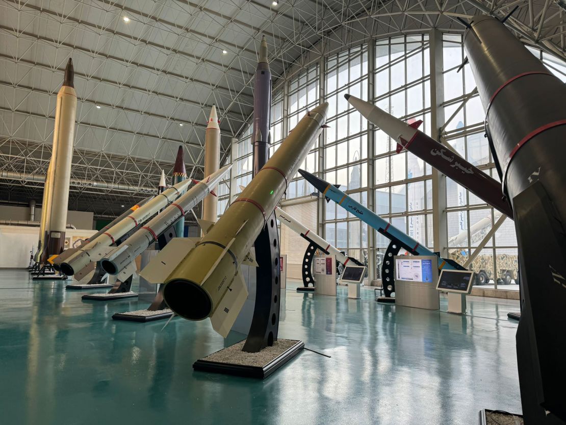 Various Iranian ballistic missiles in the main hall of an Iranian Revolutionary Guards exhibit in Tehran, Iran on May 1, 2024.