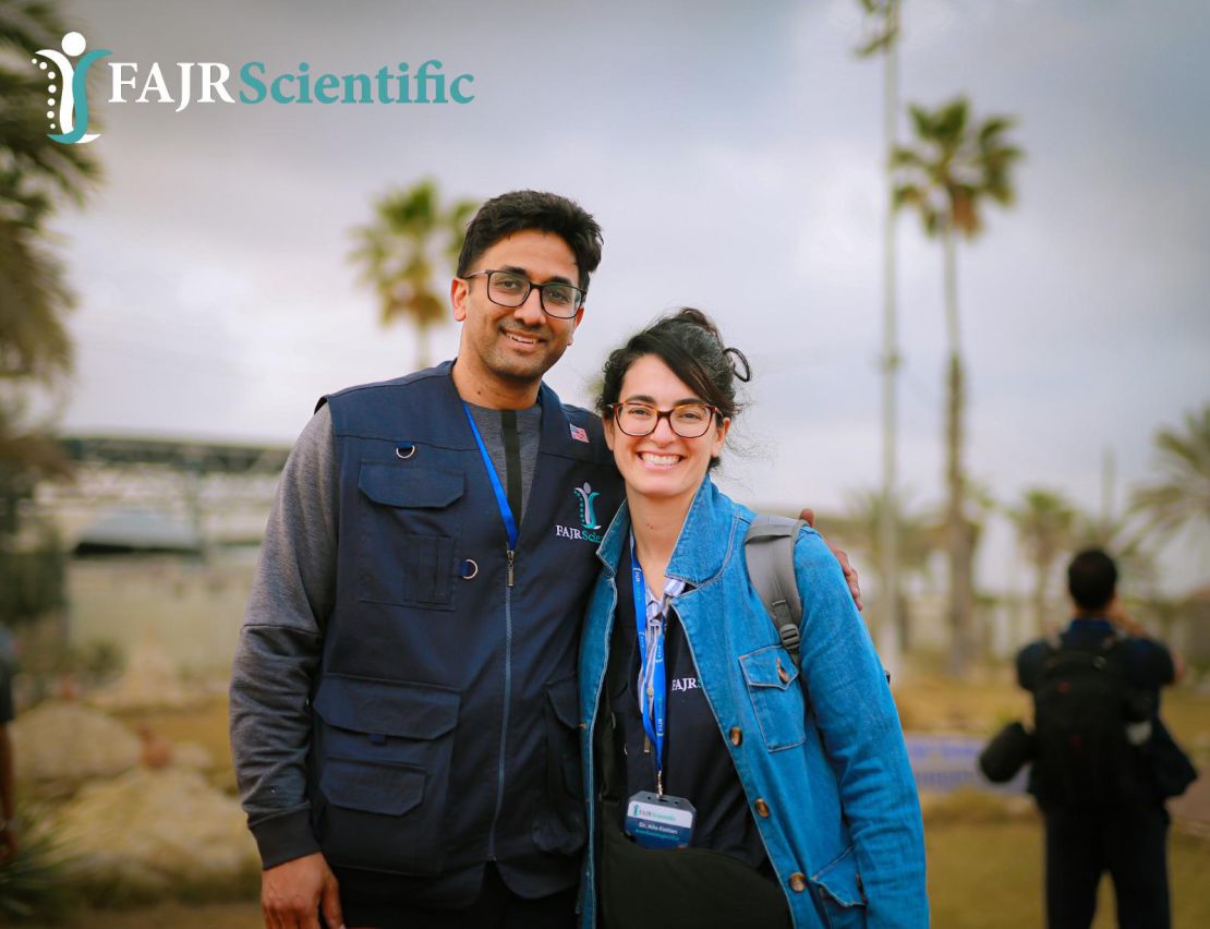A photo of husband and wife team Dr. Sameer Khan and Dr. Ahlia Kattan, both working with FAJR Scientific at the European Hospital in northern Rafah.