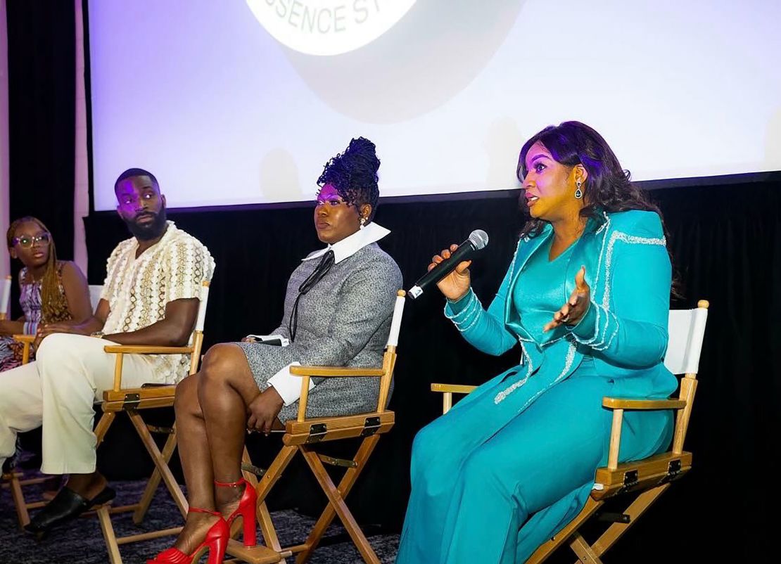 From left to right, Simisola Gbadamosi, Eso Dike, Uche Jombo and Omotola Jalade-Ekeinde are seen during a panel at the Essence Film Festival in New Orleans, Louisiana, on July 6, 2024.