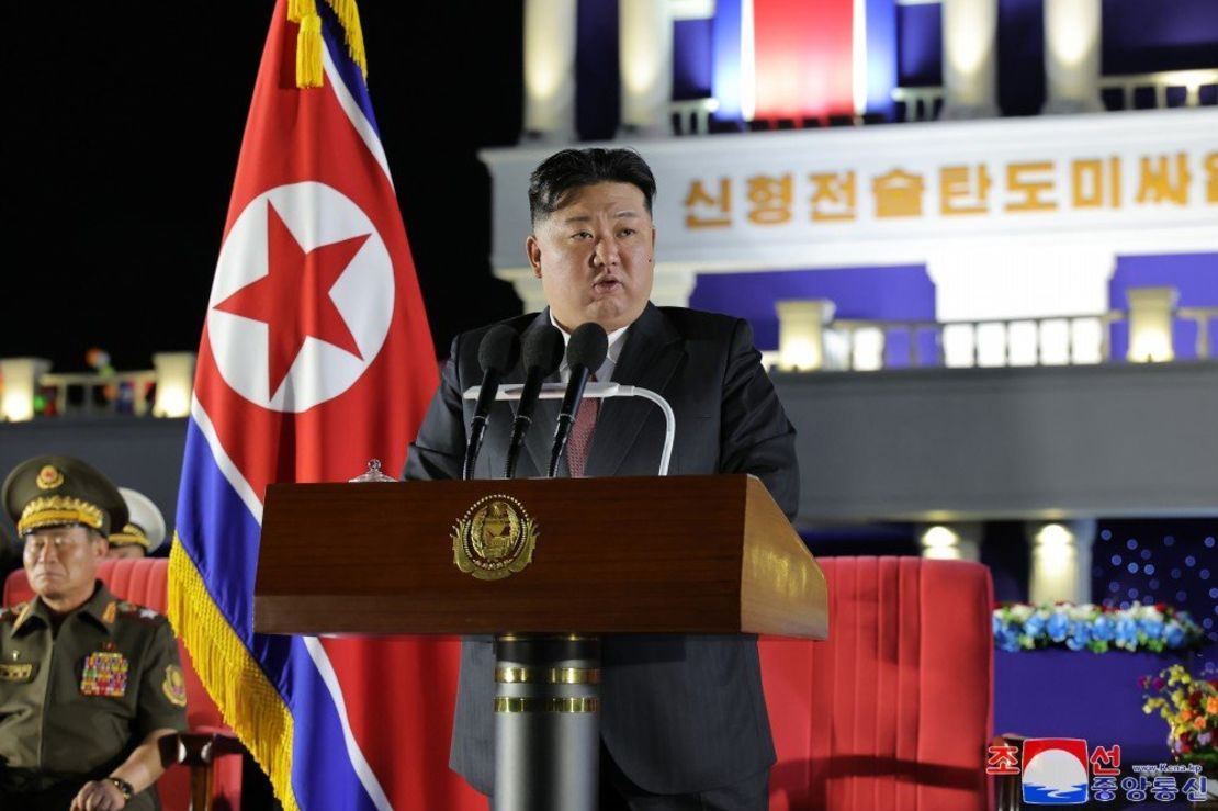 North Korean leader Kim Jong Un speaks during a ceremony in Pyongyang, on August 4, 2024.