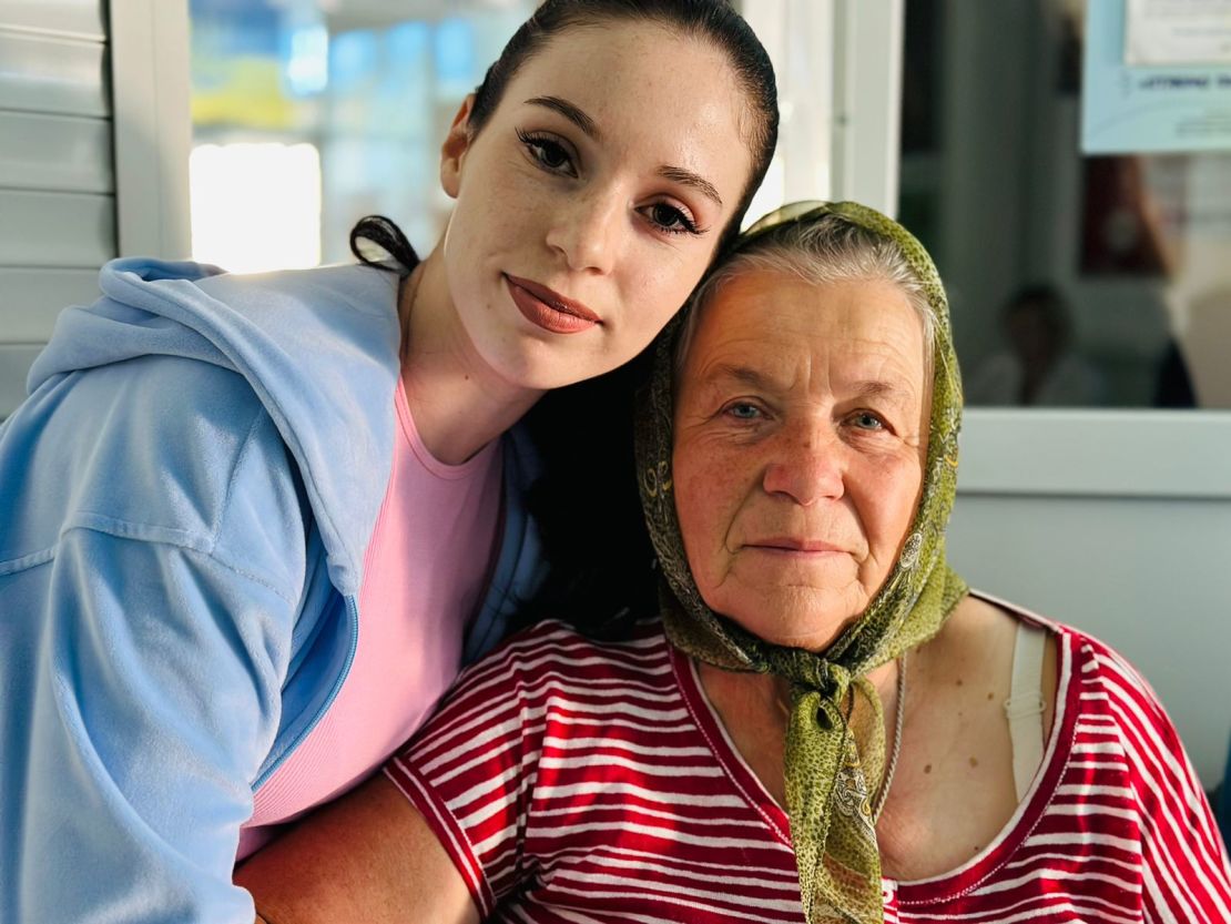 Hanna Fedorkovska and her grandmother at an evacuation center in Sumy, Ukraine.