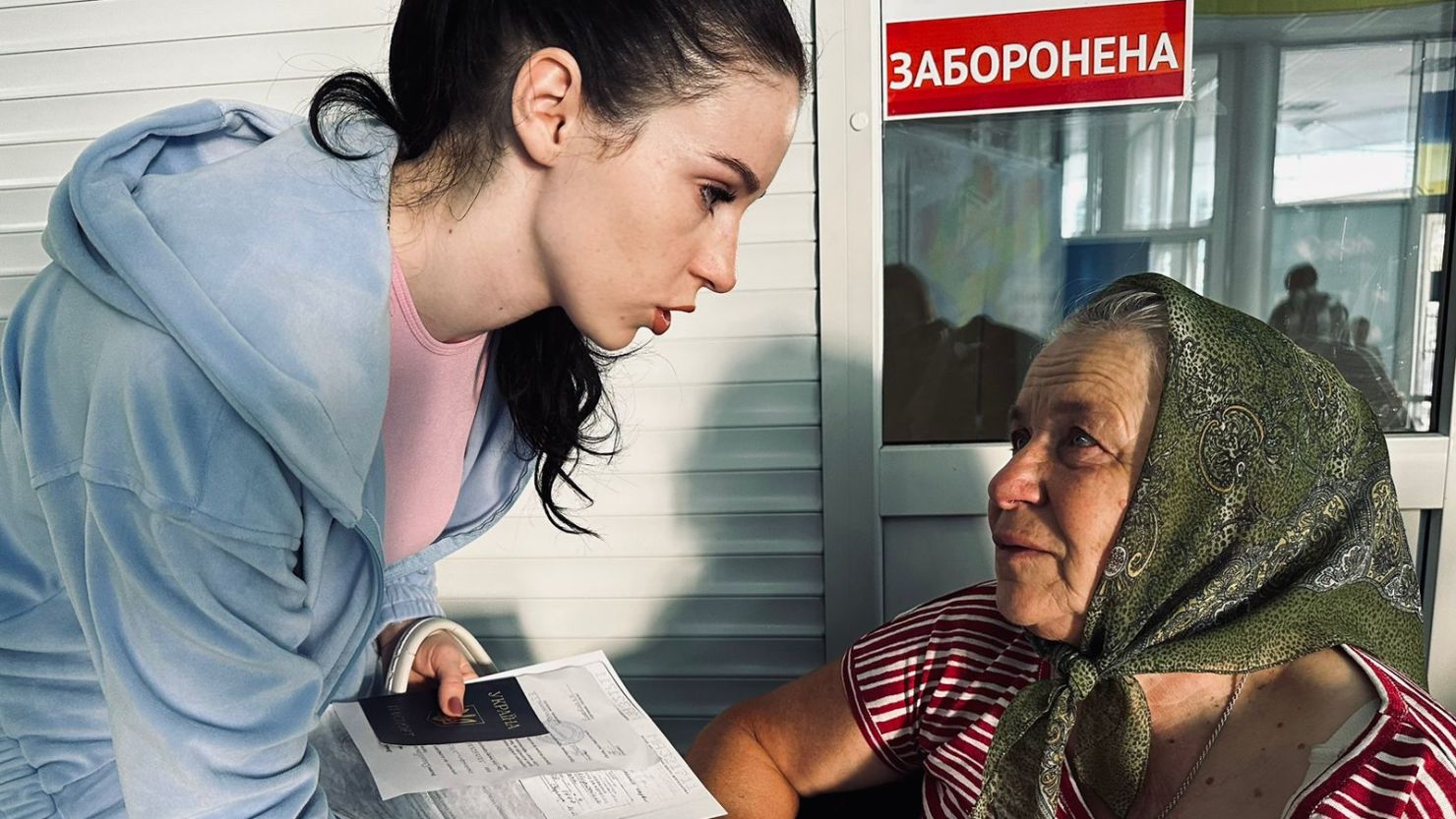 Hanna Fedorkovska and her grandmother at an evacuation center in Sumy, Ukraine.