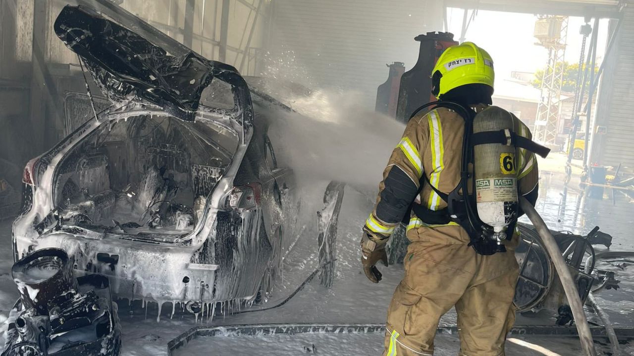 Fire and rescue teams attend to a fire in Kiryat Shmona