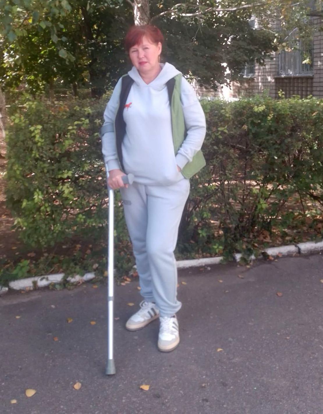 Tetyana Yakovleva, from Antonivka, pictured after an injury following an artillery bombardment. She was injured again in a drone attack on an aid shelter in September.