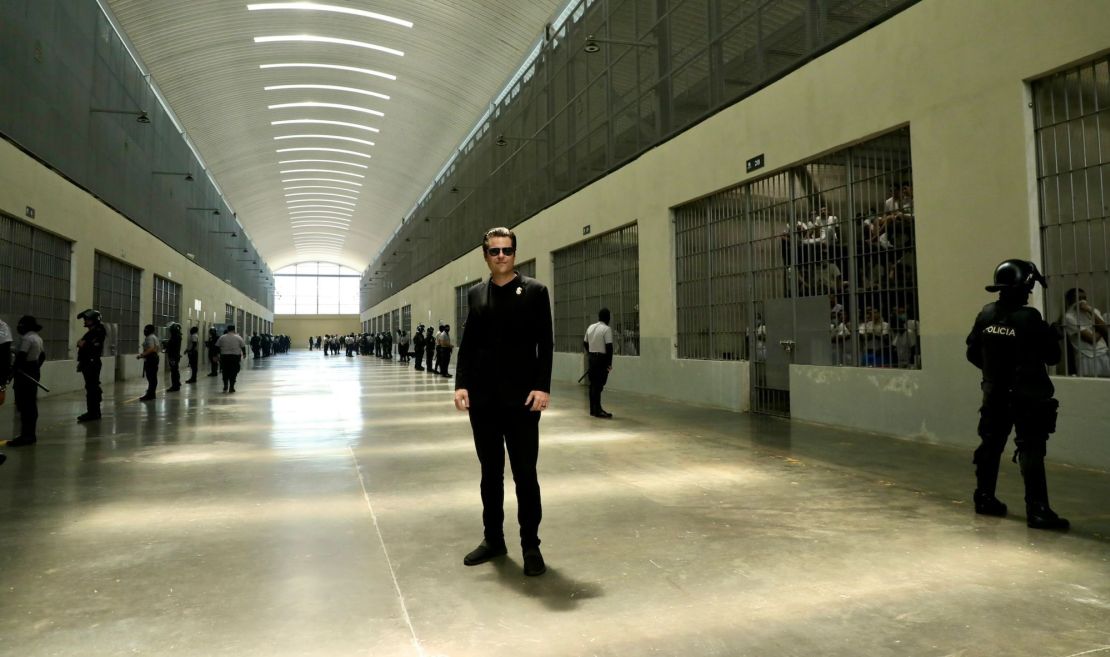 Matt Gaetz stands in a corner of Secot, flanked on either side by group cells for what Salvadoran authorities call prisoners. 