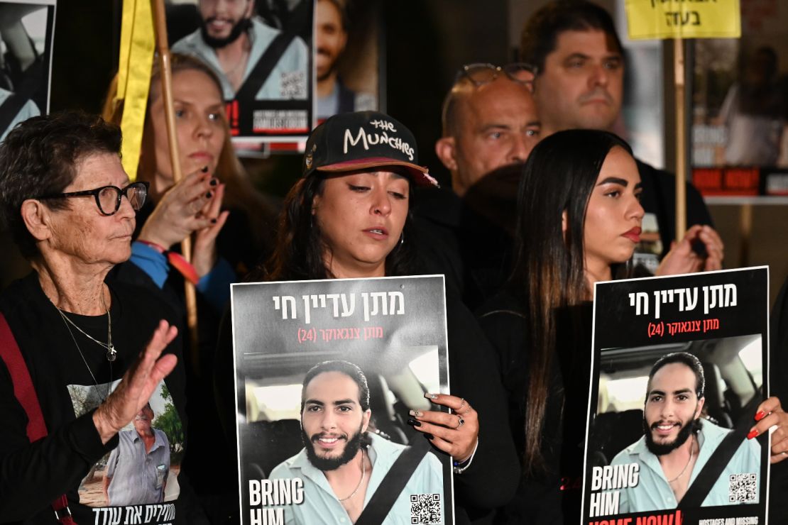 Former hostages Yocheved Lifshitz and Illana Gritzewsky stand by Natalie Zangauker, sister of hostage Matan Zangauker at a Tel Aviv rally on December 7, 2024.