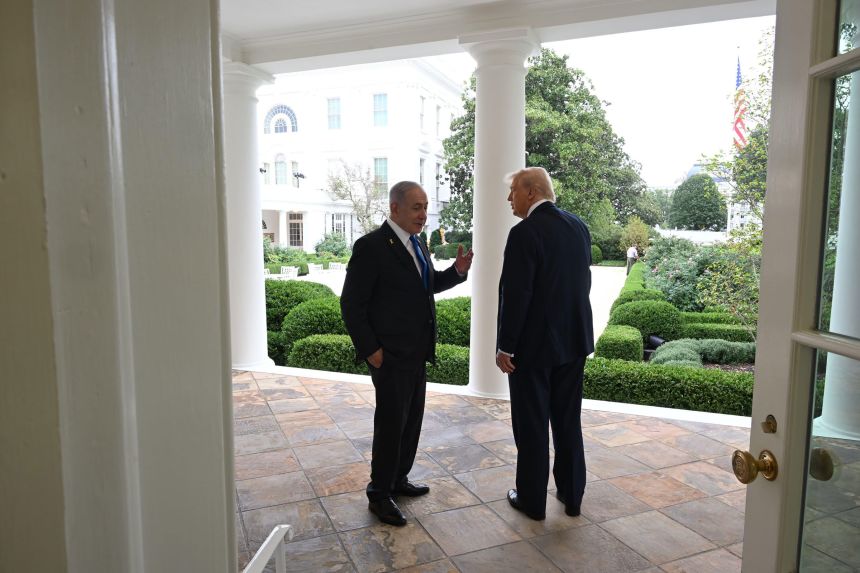 In this picture shared by the Israeli Prime Minister’s Office, US President Donald Trump meets with Israeli Prime Minister Benjamin Netanyahu at the White House on Monday.