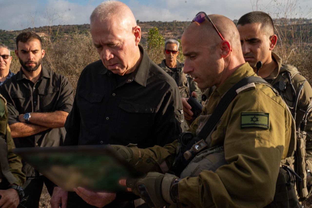 Minister of Defense Yoav Gallant during a discussion with troops in the IDF’s Armored Corps, deployed to Israel’s northern border in this handout image dated September 30.