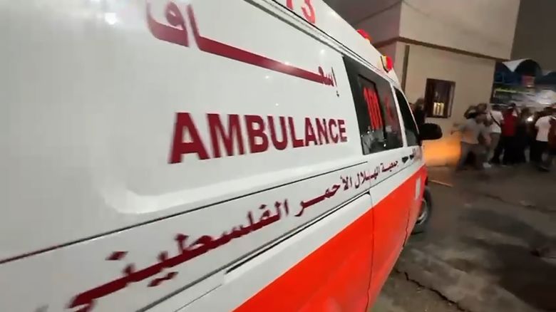 A still from a video shows a Palestinian Red Crescent Society ambulance arriving at Kuwait Hospital in Rafah, Gaza, after an Israeli airstrike on Tuesday, April 30, 2024.